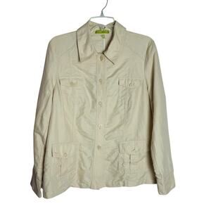 Sigrid Olsen Safari Jacket Women L Khaki Beige Linen Blend Chino Button Utility